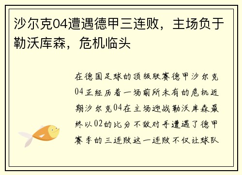 沙尔克04遭遇德甲三连败，主场负于勒沃库森，危机临头